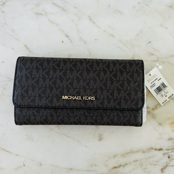 MICHAEL KORS Jet Set Travel Brown Logo Leather Tri-Fold Wallet - Picture 1 of 6